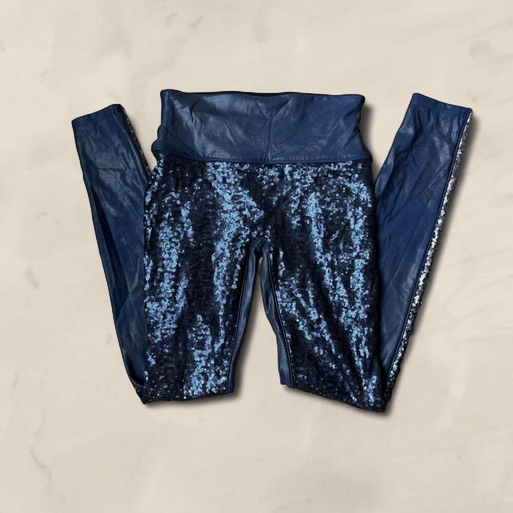 Spanx navy sequin leggings faux leather waistband size medium